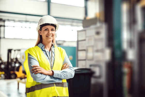 Engenheira Juliana Behr em ambiente industrial