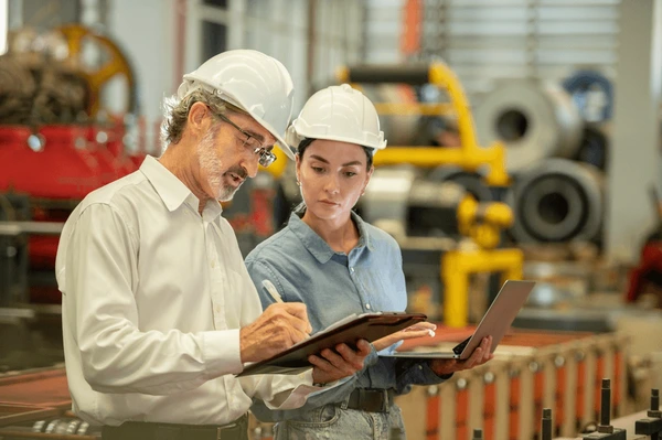 Engenheiros eletricistas analisando documentação técnica em ambiente industrial